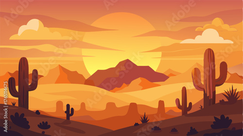 A desert sunset casts a warm glow over the landscape highlighting the golden blooms of the ly pear cactus.