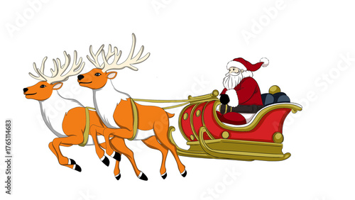 Animated illustration of Santa Claus driving a red and gold sleigh pulled by two reindeer, capturing Christmas magic, teamwork, and holiday joy against a dramatic black backdrop.