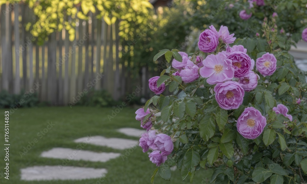 Obraz premium Pink roses bloom near a weathered wooden fence in a garden