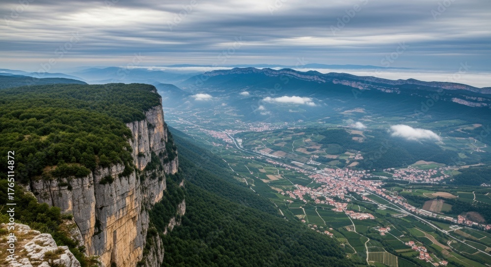 Fototapeta premium Cliffside panorama sheer rock faces, a valley below with patchwork fields, a winding road, and a distant village; mist drifts over treetops as a broad sky seals the landscape in cool light. With calm