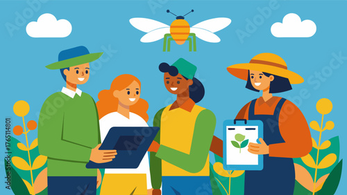 A group of farmers gather around a tablet analyzing the data collected by robotic pollinators to make informed decisions about their crop management.. Vector illustration