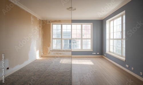 Interior room renovation before and after. A split image shows a room undergoing a transformation