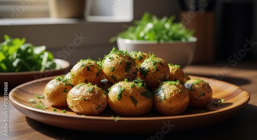 Roasted potatoes, piled high on a wooden plate, with fresh herbs, beside a bowl of greens, in sunlight