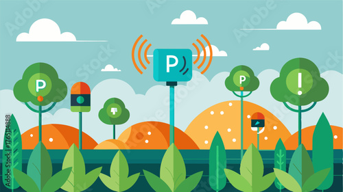 A group of sensors p in a field communicating with a central smart irrigation controller to monitor soil moisture levels and automatically turn on the irrigation system when. Vector illustration