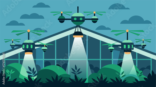 A group of drones equipped with UV lights patrol a greenhouse emitting short bursts of UV radiation to eliminate or sterilize pests such as fungus gnats. This od is ecofriendly and. Vector