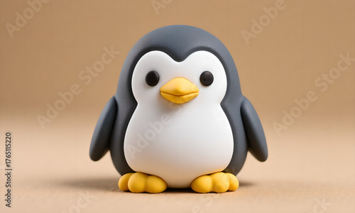 Cute Stylized Penguin Character Standing on a Warm Beige Background, Minimalist Studio Shot