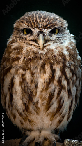 Brown owl perched, looking directly at camera on dark background.