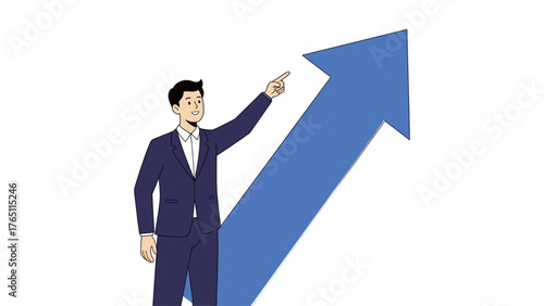 Confident businessman in blue suit pointing at smooth upward arrow symbolizing growth and success

