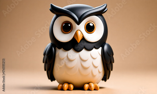 Friendly Cartoon Owl Character in Black and White, 3D Render on Beige Studio Background