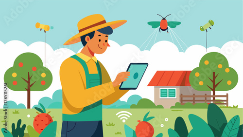 A farmer uses a tablet to remotely monitor and adjust an IoTbased pest repellent system installed in their vegetable patch.. Vector illustration