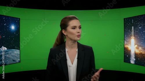 Woman in Black Suit Speaking on Green Chroma Key Screen