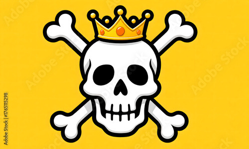 Playful Pirate Skull with Golden Crown and Crossed Bones on Vivid Yellow Background