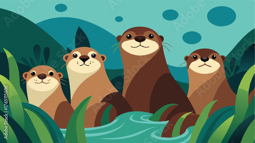 A group of curious otters playfully poke their heads out of the water their sleek bodies blending in with the surrounding greenery.