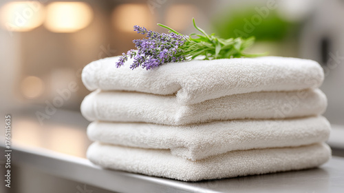 Industrial laundry room close-up of folded white towels with lavender for spa decor