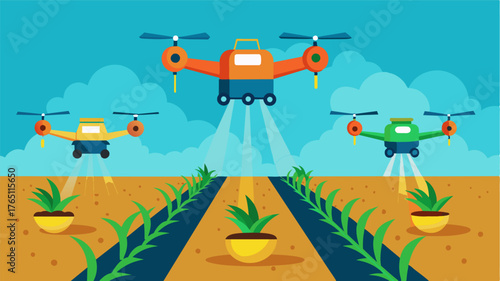 A fleet of drones working together to seed an entire field allowing for faster and more efficient seeding than traditional ods.. Vector illustration