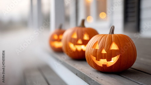 Glowing jack o lanterns on porch for halloween decoration