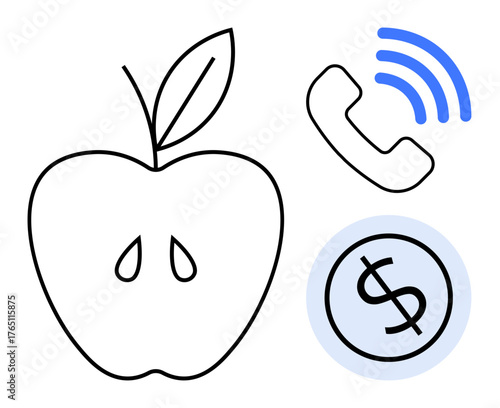 Apple outline for health, phone call icon for communication, and dollar sign coin for finance. Ideal for wellness, technology, business, connectivity, savings, budgeting healthy habits simple flat