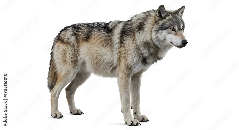 Obraz premium A gray wolf standing and howling on a white background, showing thick fur and a strong wild expression.