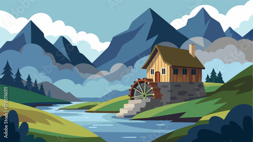 A charming watermill nestled in the foothills of a majestic mountain range its stone walls and sloping roof blending into the natural landscape.
