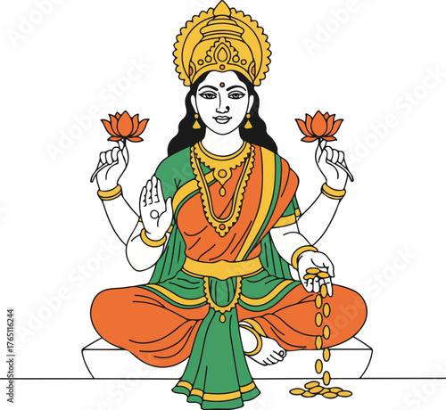 Goddess Lakshmi Vector Illustration with Lotus and Wealth Symbolism