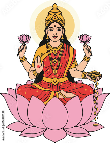 Goddess Lakshmi Vector Illustration with Lotus and Wealth Symbolism