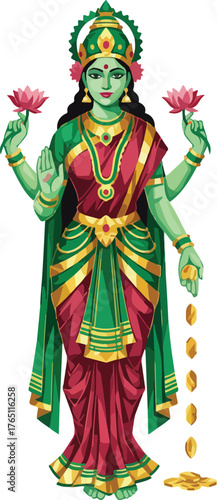 Goddess Lakshmi Vector Illustration with Lotus and Wealth Symbolism
