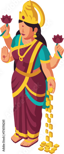 Goddess Lakshmi Vector Illustration with Lotus and Wealth Symbolism