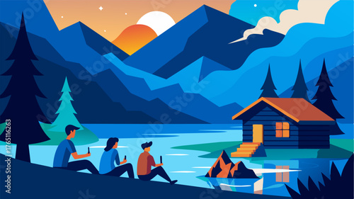 A mountainside cabin with a view of a pristine lake. Inside a family gathers around a campfire roasting marshmallows and sharing stories of past camping trips in this very spot.. Vector illustration