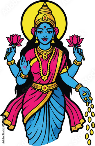 Goddess Lakshmi Vector Illustration with Lotus and Wealth Symbolism