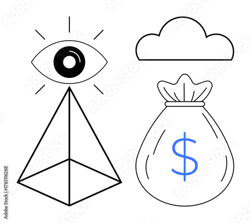 Eye over pyramid, cloud, and dollar money bag. Ideal for finance, vision, goals, success, mysticism ambition and wealth themes. Clean geometric art for simple flat metaphor