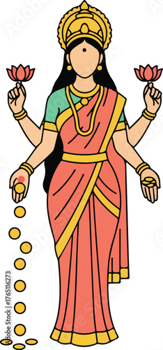 Goddess Lakshmi Vector Illustration with Lotus and Wealth Symbolism