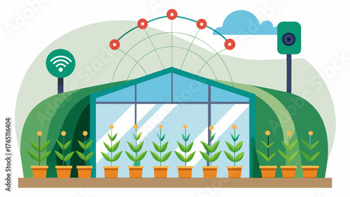 A greenhouse filled with specialized sensors is linked to an AIpowered harvest prediction model providing realtime information on crop growth and potential yields.. Vector illustration