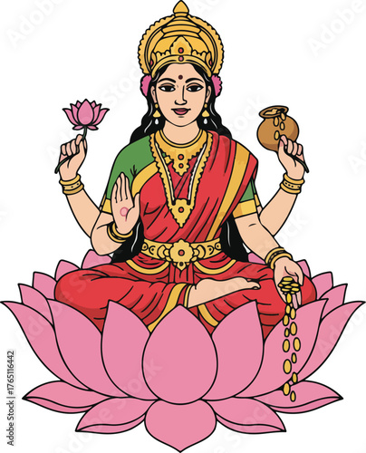 Goddess Lakshmi Vector Illustration with Lotus and Wealth Symbolism