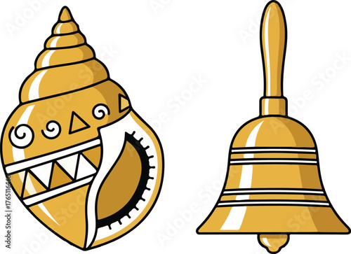 Shankha Ghanta Vector Illustration of Sacred Hindu Ritual Items with Religious Symbolism