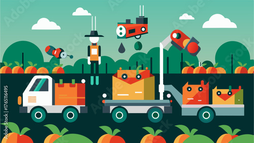 A fleet of robotic harvesters work in tandem using advanced sensors to accurately identify and pick ripe vegetables reducing waste and increasing efficiency.. Vector illustration