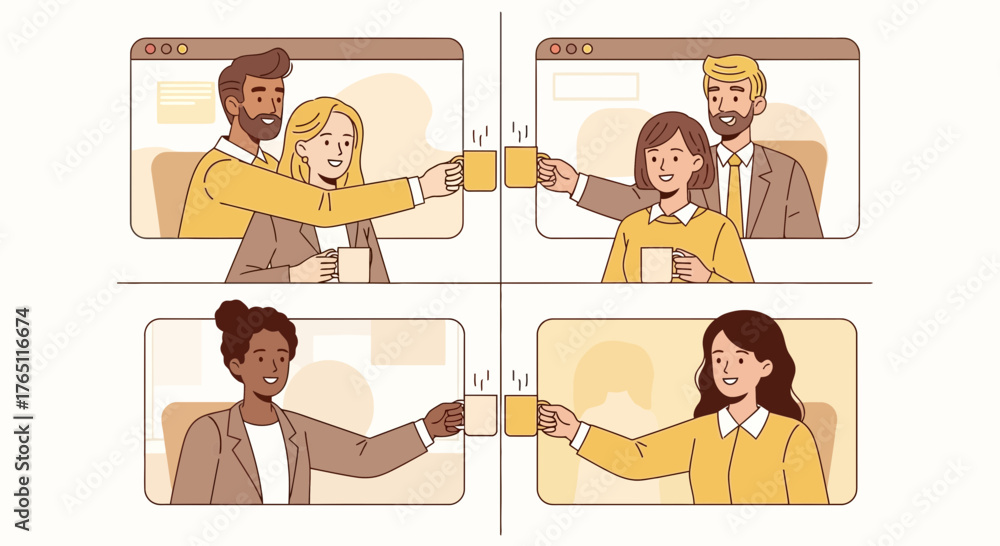 Fototapeta premium Online Meeting Of Friendly Individuals Toasting Drinks, Celebrating Remotely