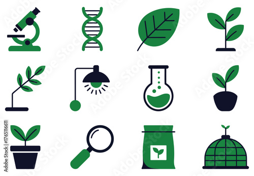 Set of green biology and botany icons flat vector design elements for science research and education isolated on white background