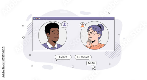 Online Meeting Illustration Depicting Communication Between Two Diverse Individuals Virtually