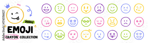 Crayon emoji face doodle set. Chalk icons with emotions, hand drawn kids smile in sketch style. Vector illustration isolated on white background