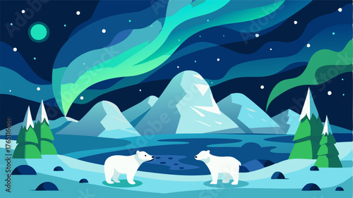 A glimpse of the Northern Lights dancing above a frozen tundra dotted with sleeping polar bears.