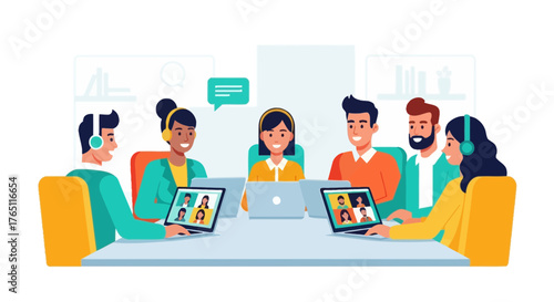 Online Meeting Team Sharing Ideas And Communicating During A Digital Conference