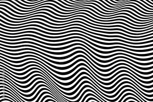 Black and white optical illusion background with flowing, distorted, and repetitive horizontal sine waves or rippling stripes.