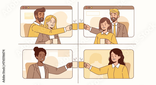 Online Meeting Of Friendly Individuals Toasting Drinks, Celebrating Remotely