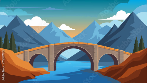 A majestic stone bridge spanning a wide river with rugged mountains and a dramatic sky as the backdrop.