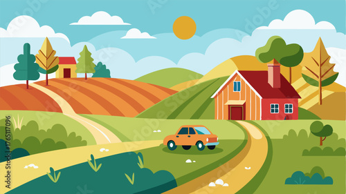 A drive through a quaint countryside with charming farmhouses and rolling fields of crops offering a glimpse into a simpler and more idyllic way of life.