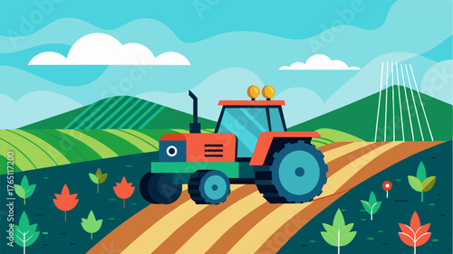A hightech tractor navigating through a field following a mapped out crop rotation plan suggested by an AI system.. Vector illustration