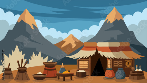 A Native American trading post nestled in the rugged mountains where goods like fur pelts and handcarved pottery are bartered and sold.