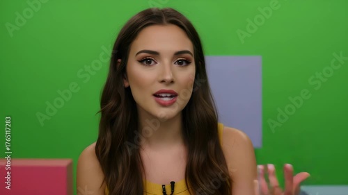 Woman Talking on Green Chroma Key Broadcast Set
