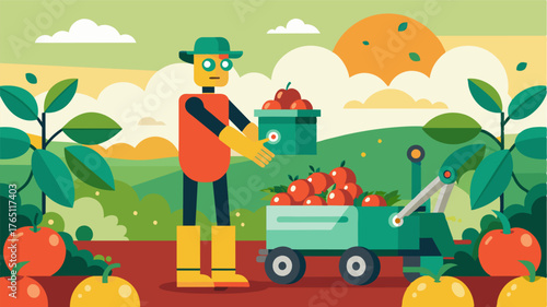A harvesting robot equipped with artificial intelligence efficiently picking and sorting ripe produce.. Vector illustration