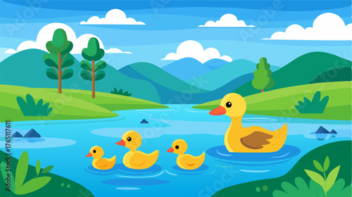 A family of ducks gliding across the calm waters of the wetlands surrounded by the expansive green landscape and a vibrant blue sky.